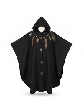 Coloratura Womens Black Wool Hooded Poncho With Feather Appliqué One Size